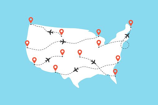 Vector illustration flat design of USA map with airplane flight paths isolated on a blue background